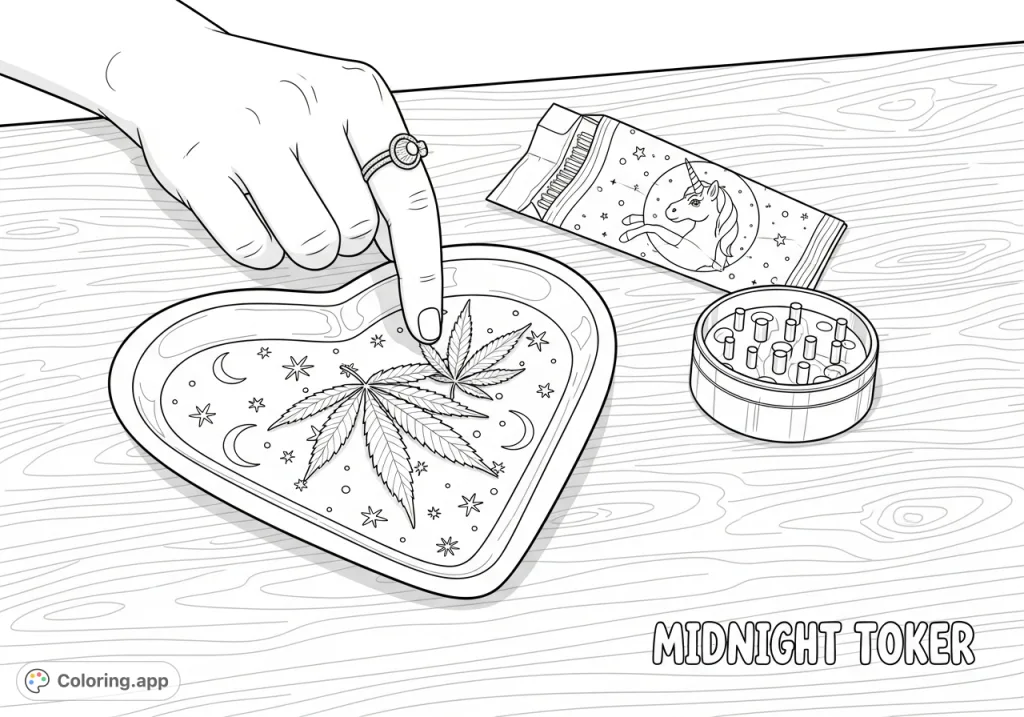 An intricate adult coloring page depicting a hand arranging cannabis leaves on a star-patterned tray, with rolling papers and a grinder.