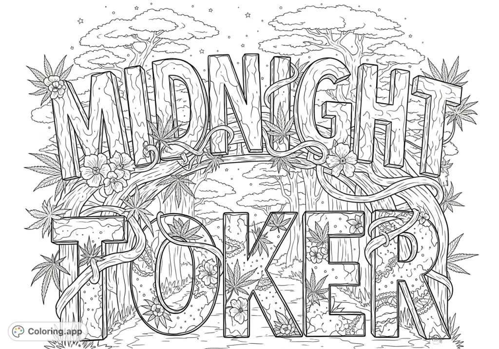Explore a mystical "MIDNIGHT TOKER" archway, carved from stone and adorned with intricate cannabis leaves, night flowers, and delicate tendrils under a starlit sky.