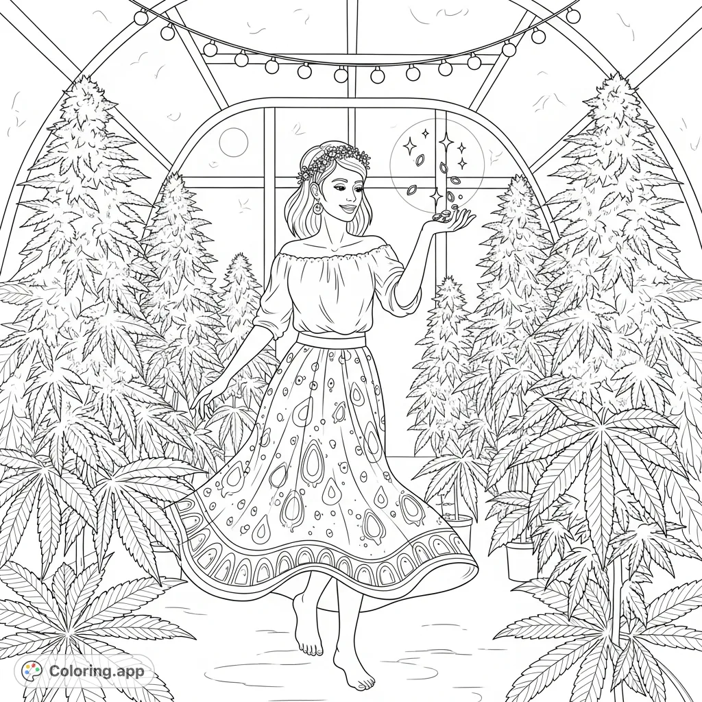 A carefree woman dances amidst lush cannabis plants under soft string lights, tossing sparkling seeds in a detailed, moonlit greenhouse scene.
