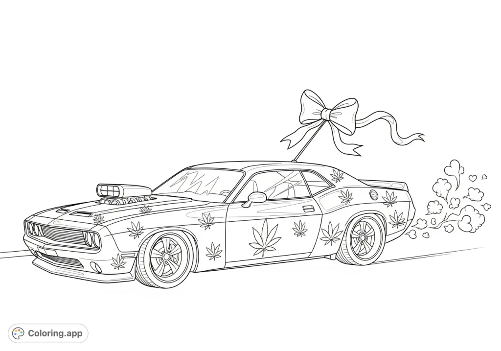 Unleash your creativity on this unique muscle car coloring page, featuring stylized cannabis leaf decals, a whimsical bow, and heart-shaped smoke trails.