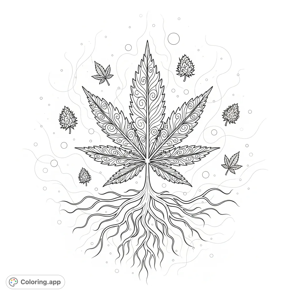 An intricate marijuana leaf with swirling patterns and ethereal roots floats in a cosmic expanse, perfect for a meditative coloring experience.