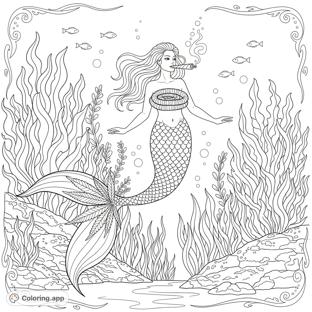 Explore an enchanting mermaid with a cannabis leaf patterned tail, holding a rolled seaweed item, exhaling smoke-like bubbles amidst intricate aquatic flora and fish.