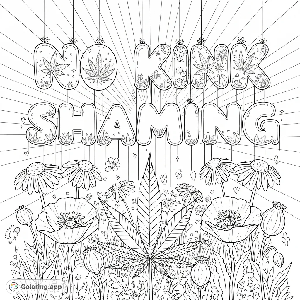 Color a powerful "No Kink Shaming" message in bubble letters, adorned with cannabis leaves and delicate florals, over a whimsical garden of stylized plants and blooming daisies and poppies.