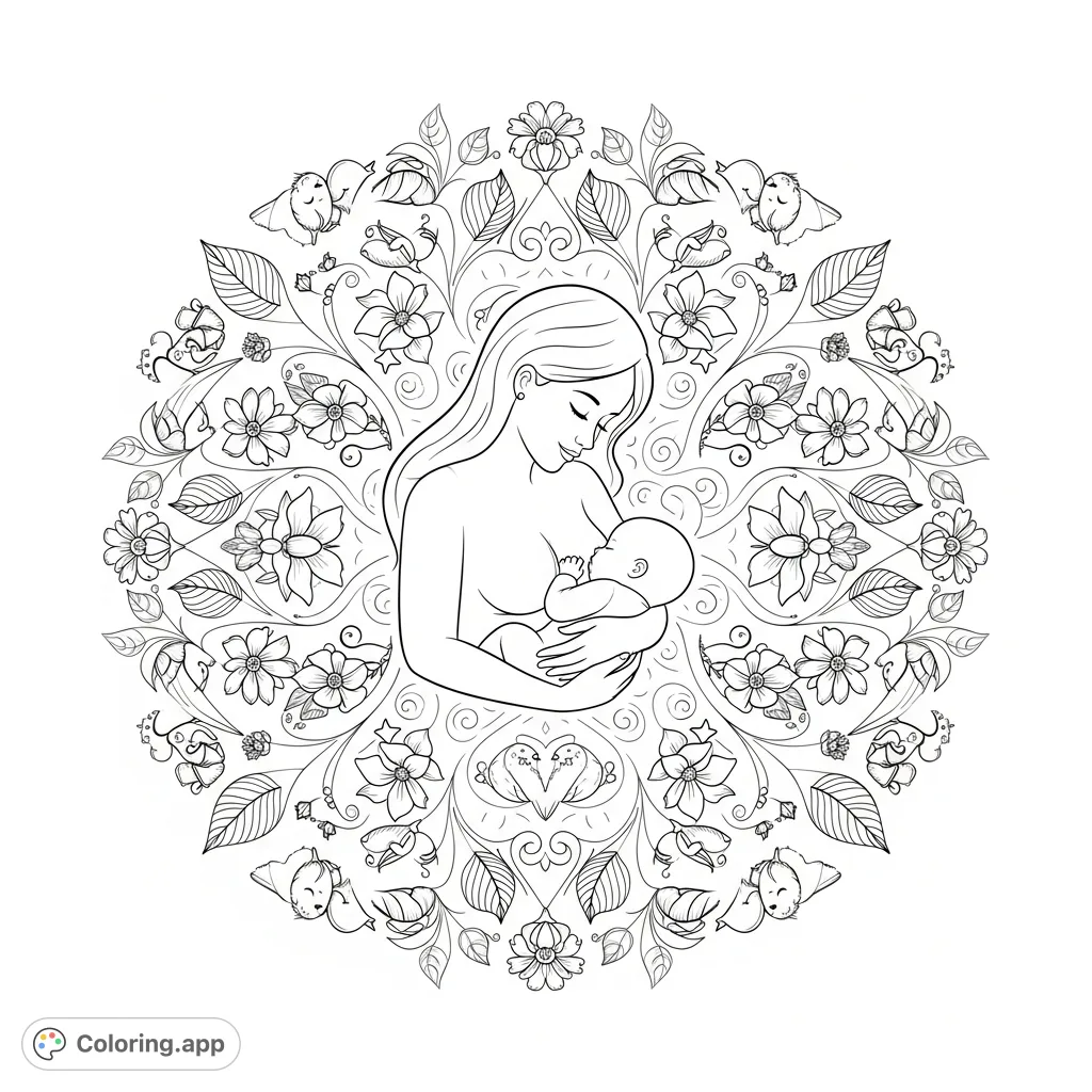 A serene mother and infant at the center, surrounded by intricate radiating patterns of flowers, leaves, and sleeping birds, symbolizing nurturing and connection.