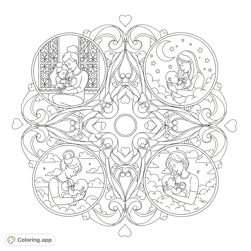 Explore a serene mandala-style coloring page featuring diverse parents lovingly feeding their babies in interconnected vignettes, adorned with hearts and ribbons.
