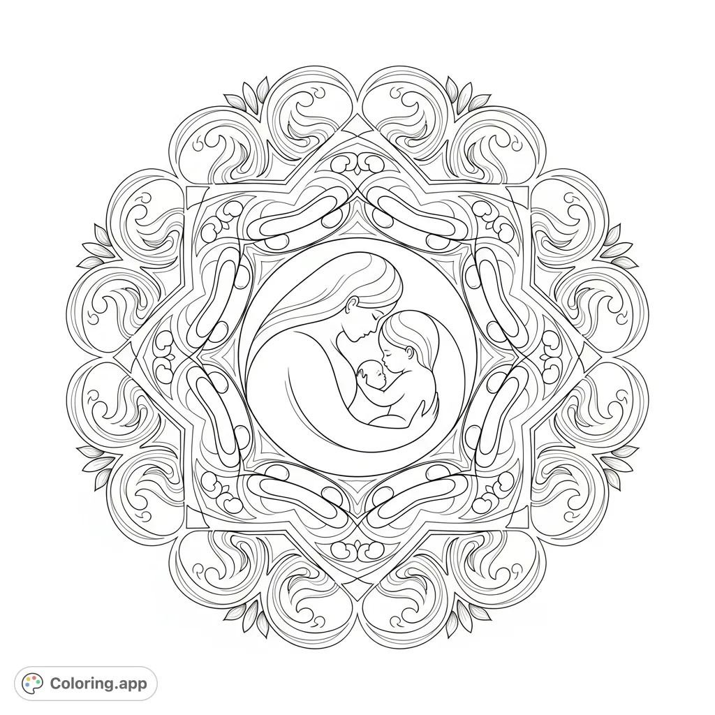 An elaborate circular design featuring a parent and child in a nurturing embrace, surrounded by intricate patterns of stylized drops, waves, and floral motifs, evoking warmth and abundance.