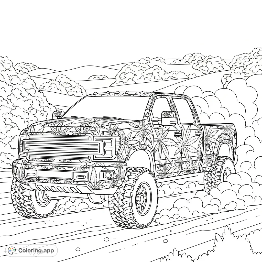 A powerful pickup truck, adorned with a unique cannabis leaf pattern, navigates a dusty dirt track. Oversized tires and an imposing grille complete this distinct off-road vehicle scene.