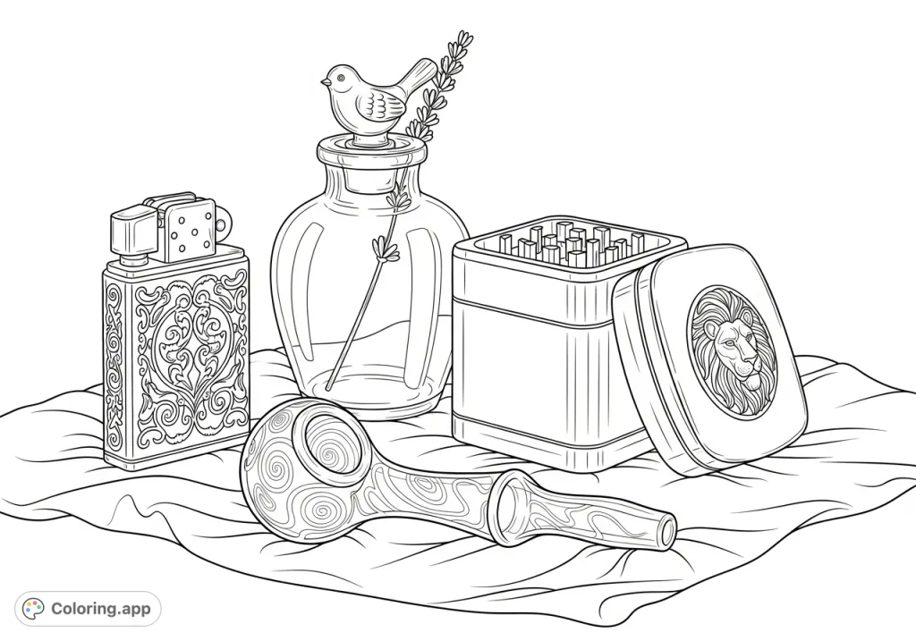 An opulent display of cannabis accessories, featuring a hand-blown glass pipe, a lion's head grinder, a filigree lighter, and a bird-stoppered apothecary jar on velvet.