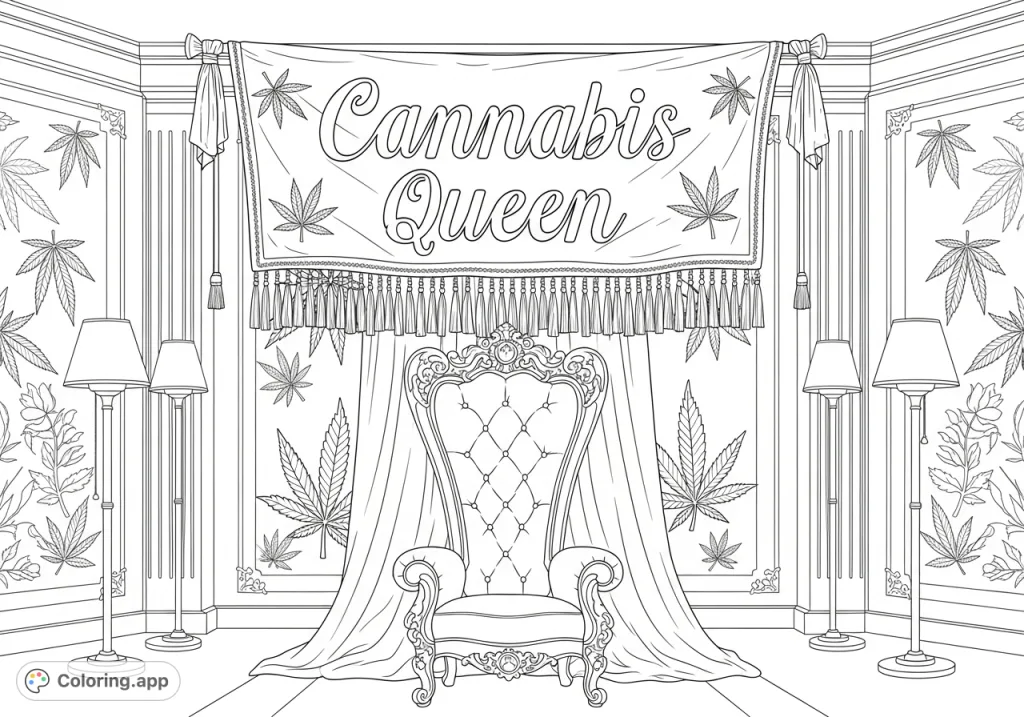 A grand throne room featuring a velvet-draped throne, a banner proclaiming 'Cannabis Queen' with leaf patterns, and opulent botanical tapestries.