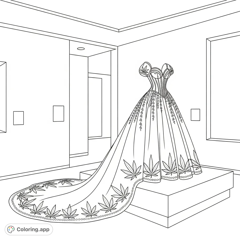 An opulent formal gown displayed on a pedestal, featuring delicate cannabis leaf embroidery, glittering beads, and botanical motifs. A sophisticated design.