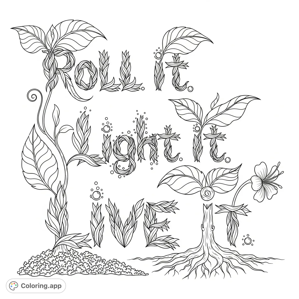 An intricate botanical typography coloring page featuring "Roll it. Light it. Live it." formed by curling tendrils, broad leaves, shimmering dewdrops, and gnarled tree roots. A detailed nature-inspired design.