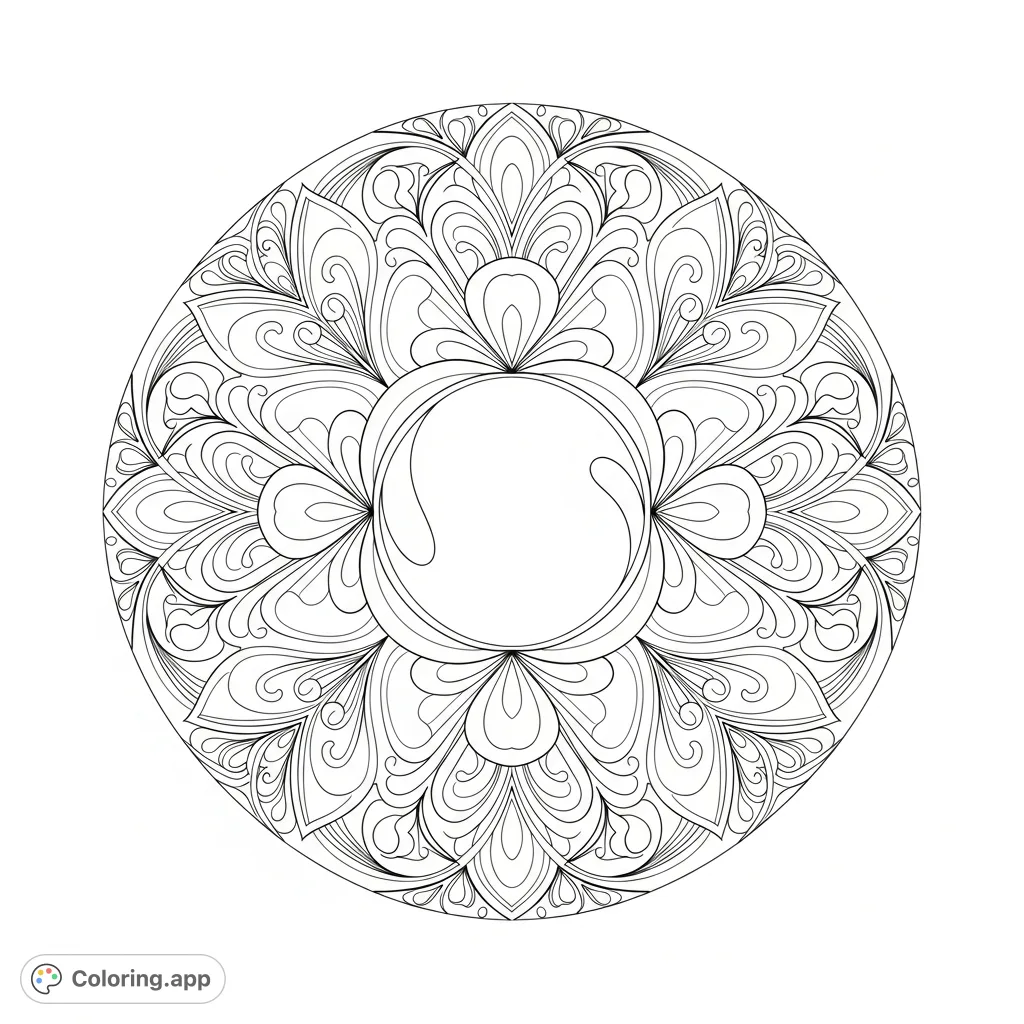 Discover a unique circular coloring page featuring a central organic form surrounded by intricate radiating patterns, abstract florals, and delicate tendrils.