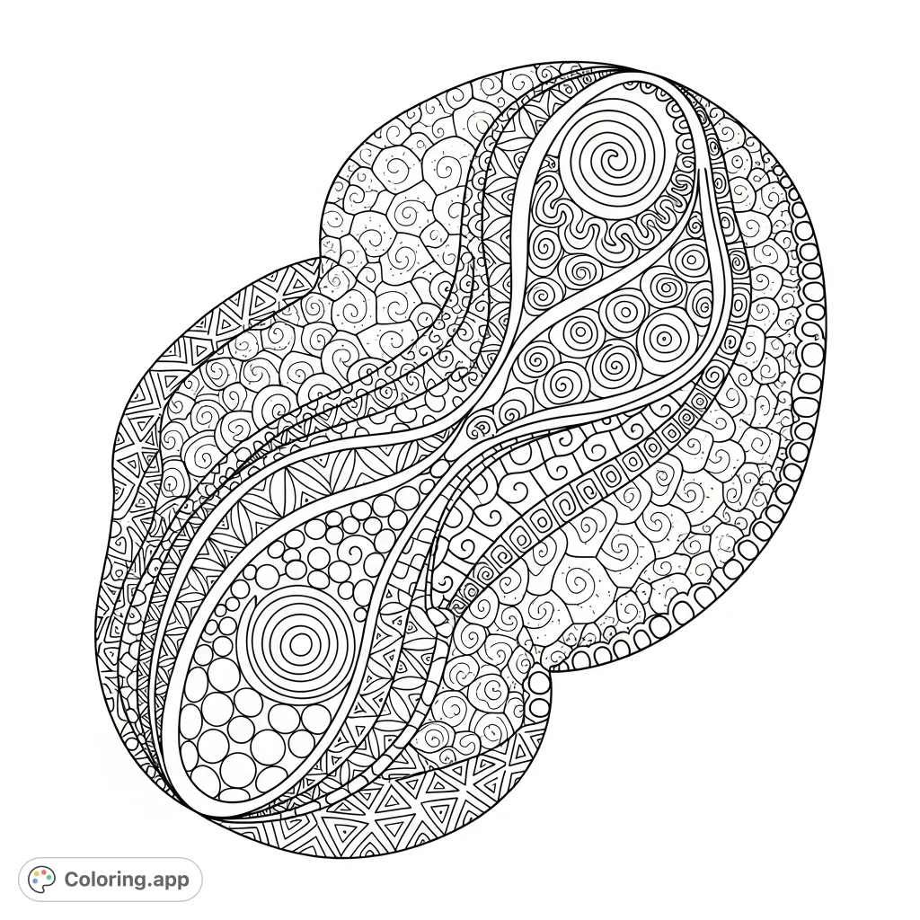 Discover an intricate zentangle design featuring an elongated organic form with flowing lines and delicate details for mindful coloring.