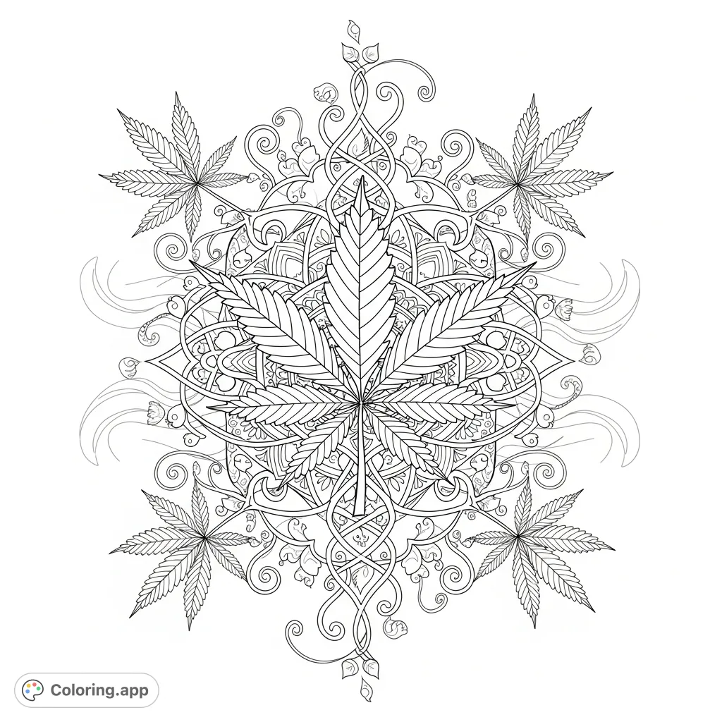 An intricate, symmetrical cannabis leaf design intertwined with swirling vines and geometric patterns, featuring a prominent central leaf and wispy smoke accents. A captivating botanical composition.