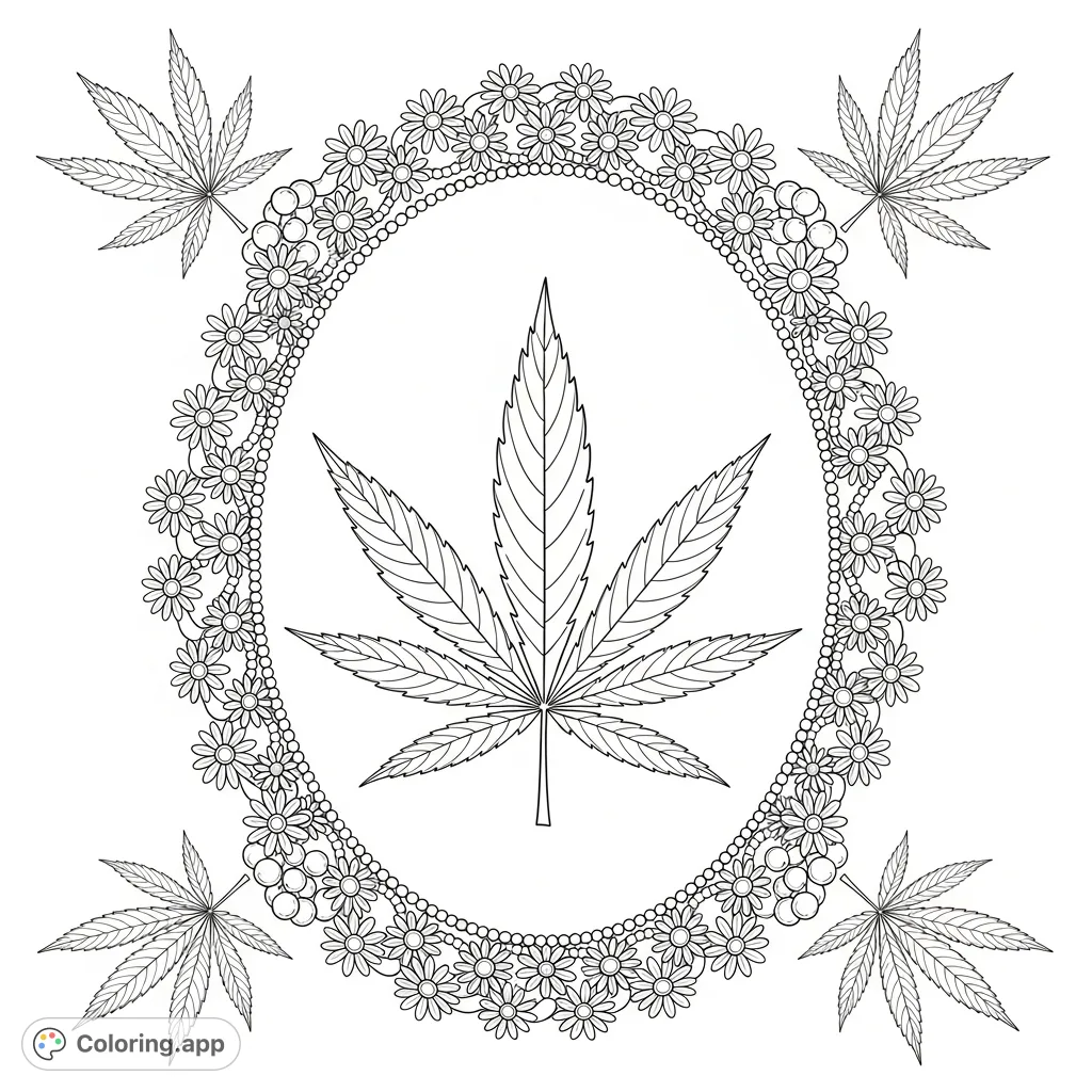 A detailed cannabis leaf nestled within an ornate oval frame, surrounded by tiny daisies and pearls. Four additional leaves adorn the corners. A unique artistic piece.