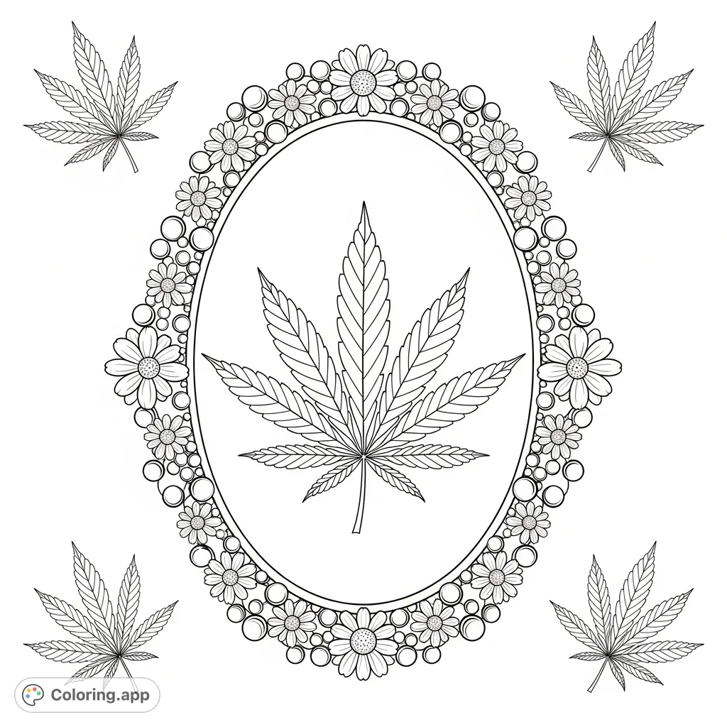 An intricately detailed cannabis leaf framed by an elegant oval border with daisies and pearls, complemented by four corner leaves. A unique botanical coloring page.