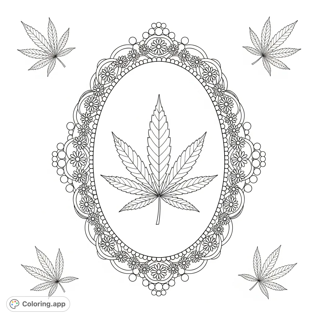 Discover a unique cannabis leaf design, framed by an elegant oval border with delicate daisies and lustrous pearls. Perfect for a relaxing, creative session.