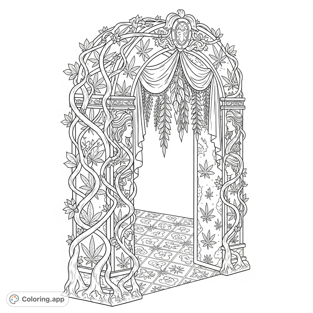 An elaborate archway with intricate botanical and ornamental motifs, featuring stylized cannabis leaves, feminine scrollwork, and flowing drapery. Perfect for adult colorists.