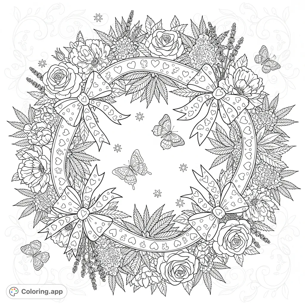 An exquisite botanical wreath featuring intertwining cannabis leaves, full roses, peonies, lavender, and delicate butterflies, all adorned with an opulent ribbon.