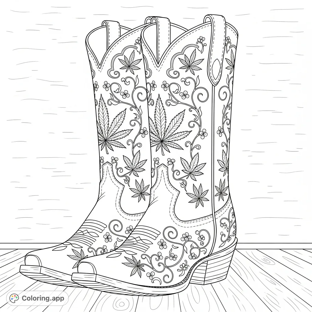 A detailed close-up of ornate cowboy boots adorned with intricate cannabis leaf embroidery and delicate floral patterns, standing against a rustic background.