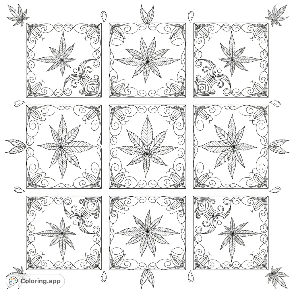Explore intricate stylized cannabis leaves interwoven with delicate filigree and ribbons in a symmetrical nine-panel grid. A detailed botanical and ornamental coloring page.