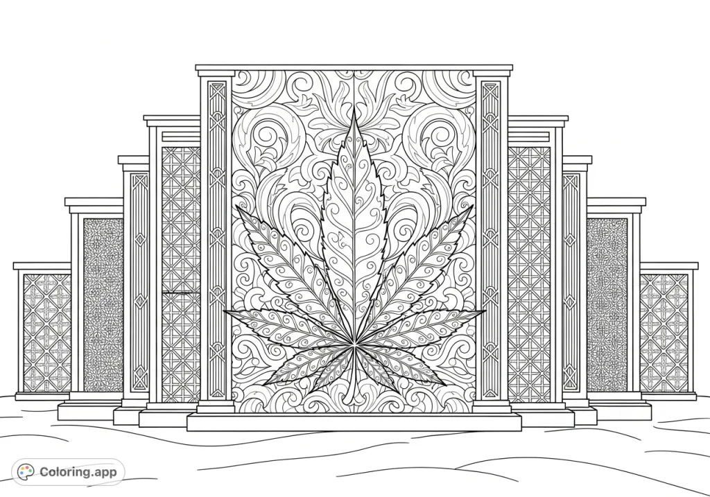 An intricate cannabis leaf panel with flowing feminine patterns and delicate scrollwork, flanked by geometric columns, all set on a plush surface.