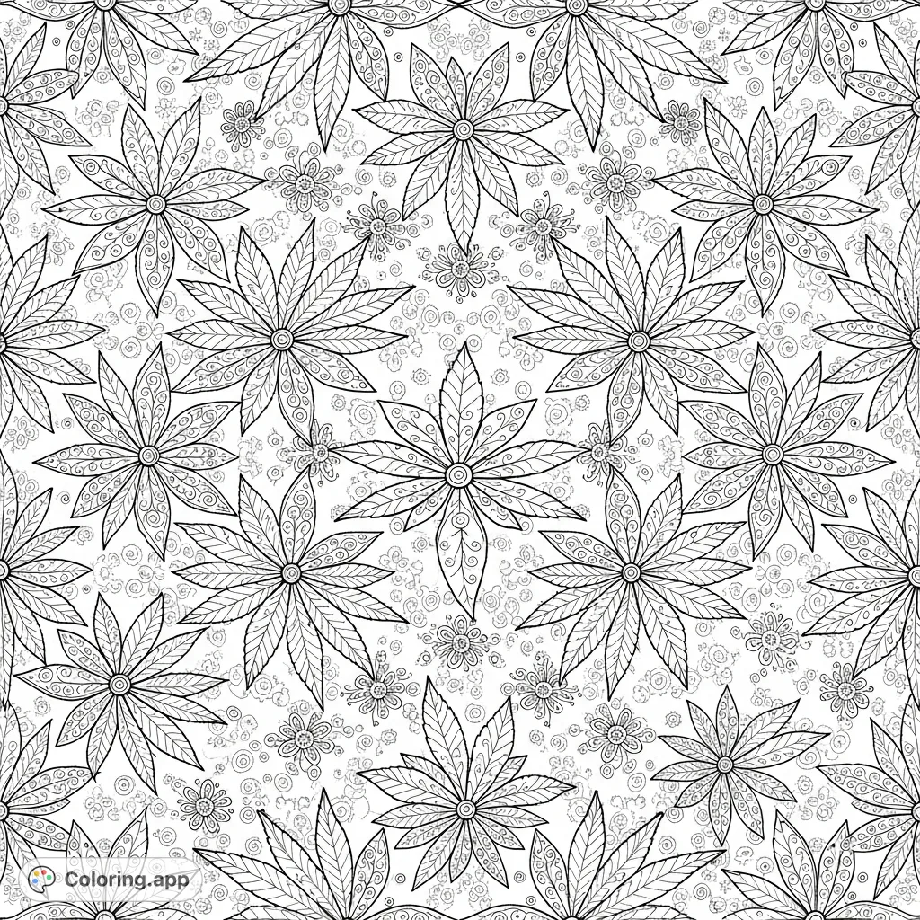 Immerse yourself in this intricate marijuana leaf coloring page. A dense, symmetrical grid features detailed cannabis leaves adorned with lace-like florals, swirls, and delicate filigree patterns.
