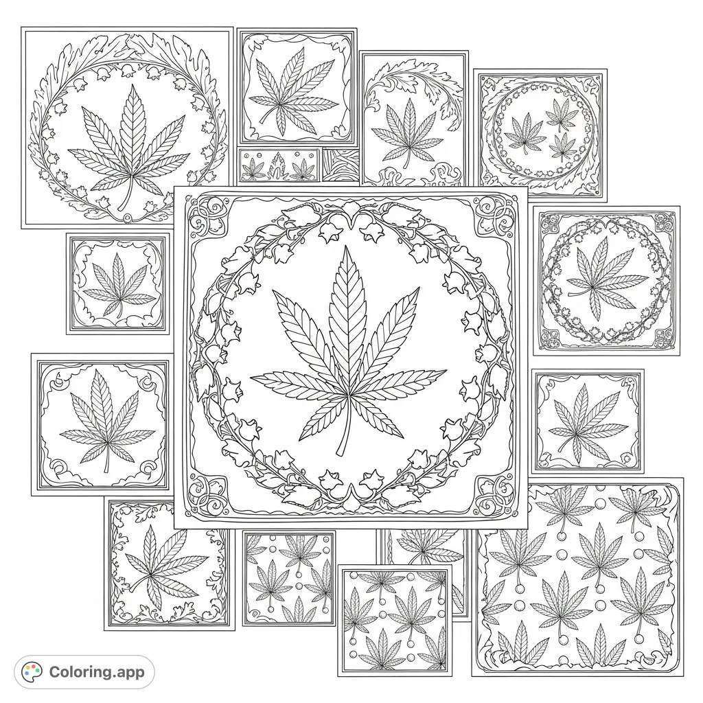 Explore an intricate cannabis leaf coloring page featuring stylized leaves, delicate lacework, and acanthus patterns within a dynamic, offset grid. A detailed artistic challenge for adults.