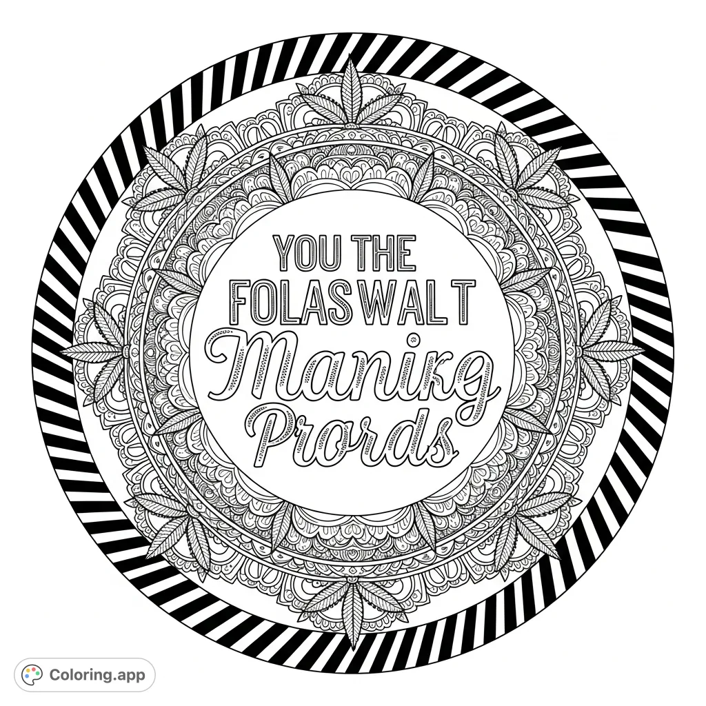 An intricate mandala coloring page featuring an ornate central quote, stylized cannabis leaf motifs, delicate lace patterns, and striking diagonal stripes. A detailed design for mindful coloring.