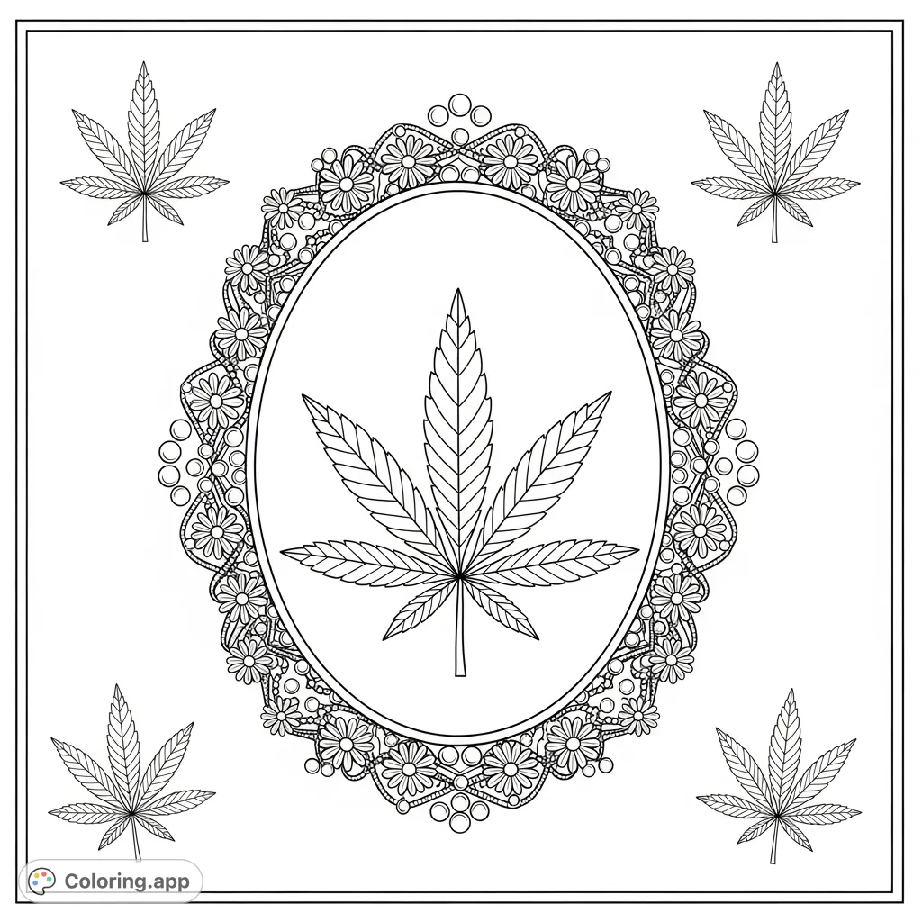An intricately detailed cannabis leaf design, framed by an ornamental oval border with daisies and pearls, featuring smaller leaves at each corner.