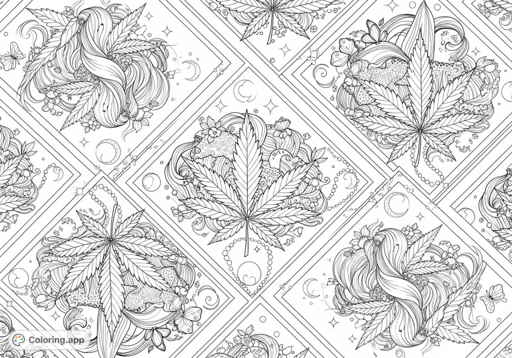 An intricate mosaic featuring square frames, each adorned with detailed cannabis leaves, flowing hair, lace, pearls, and moon phases. A unique botanical and feminine design.