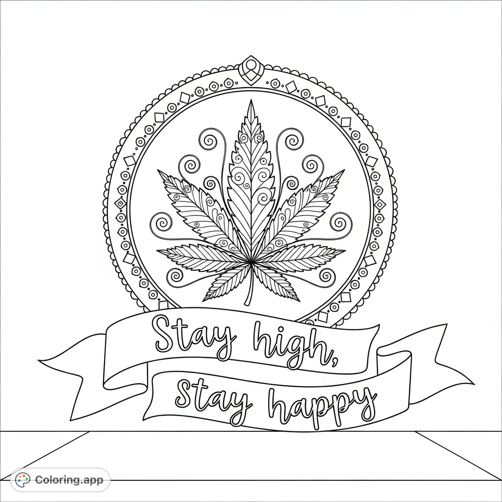 An intricately detailed cannabis leaf with swirling patterns, framed by an ornate border and a 'Stay high, stay happy' banner. Perfect for adult colorists.