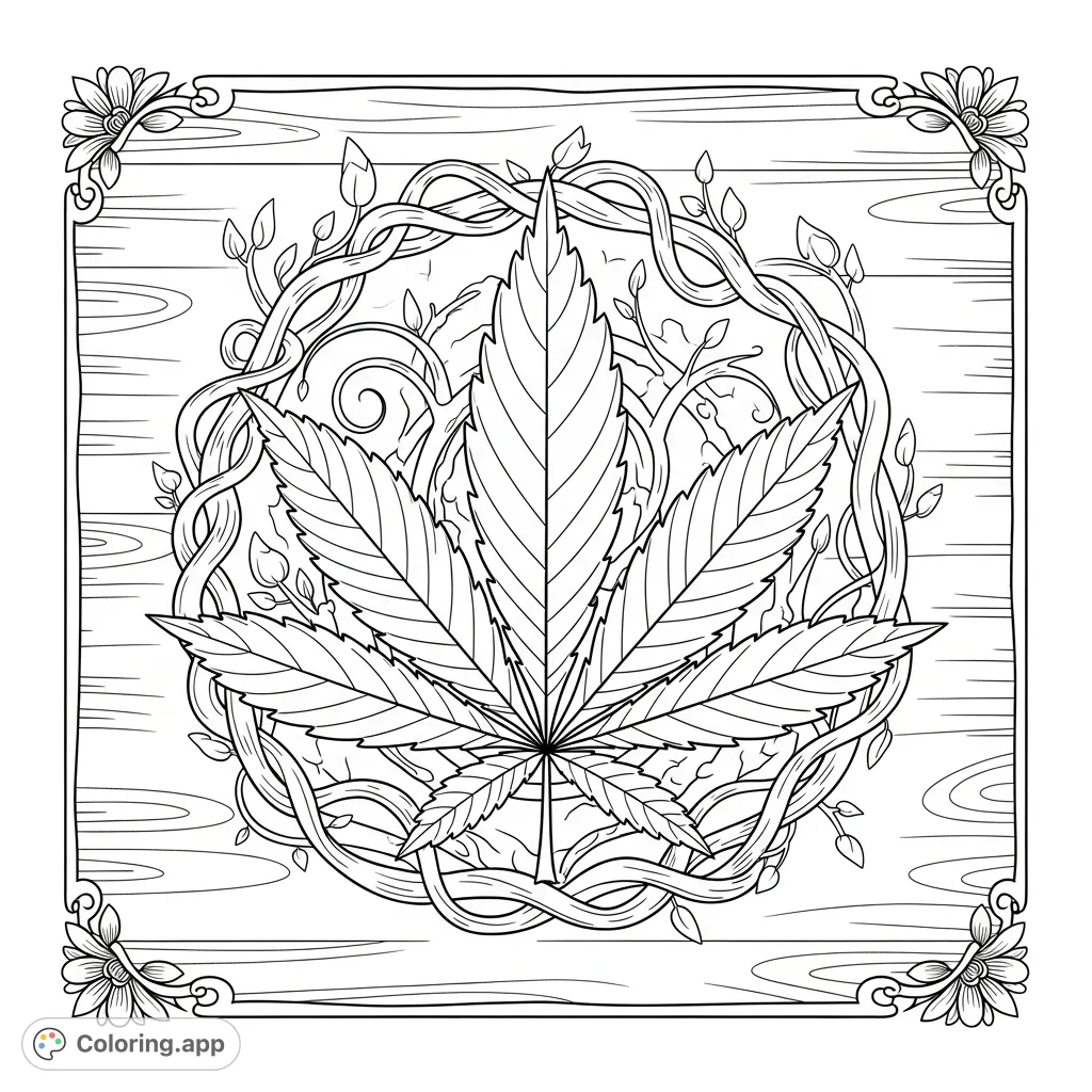 An intricately detailed cannabis leaf sign with rustic textures and elegant floral accents. Perfect for relaxation and creative expression for adults.
