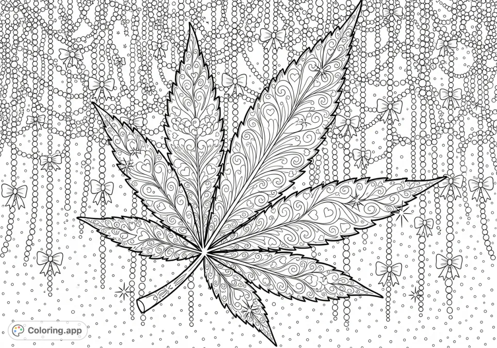 A detailed cannabis leaf with intricate filigree patterns, heart shapes, and starbursts, set against a luxurious backdrop of cascading pearl strings and bows.