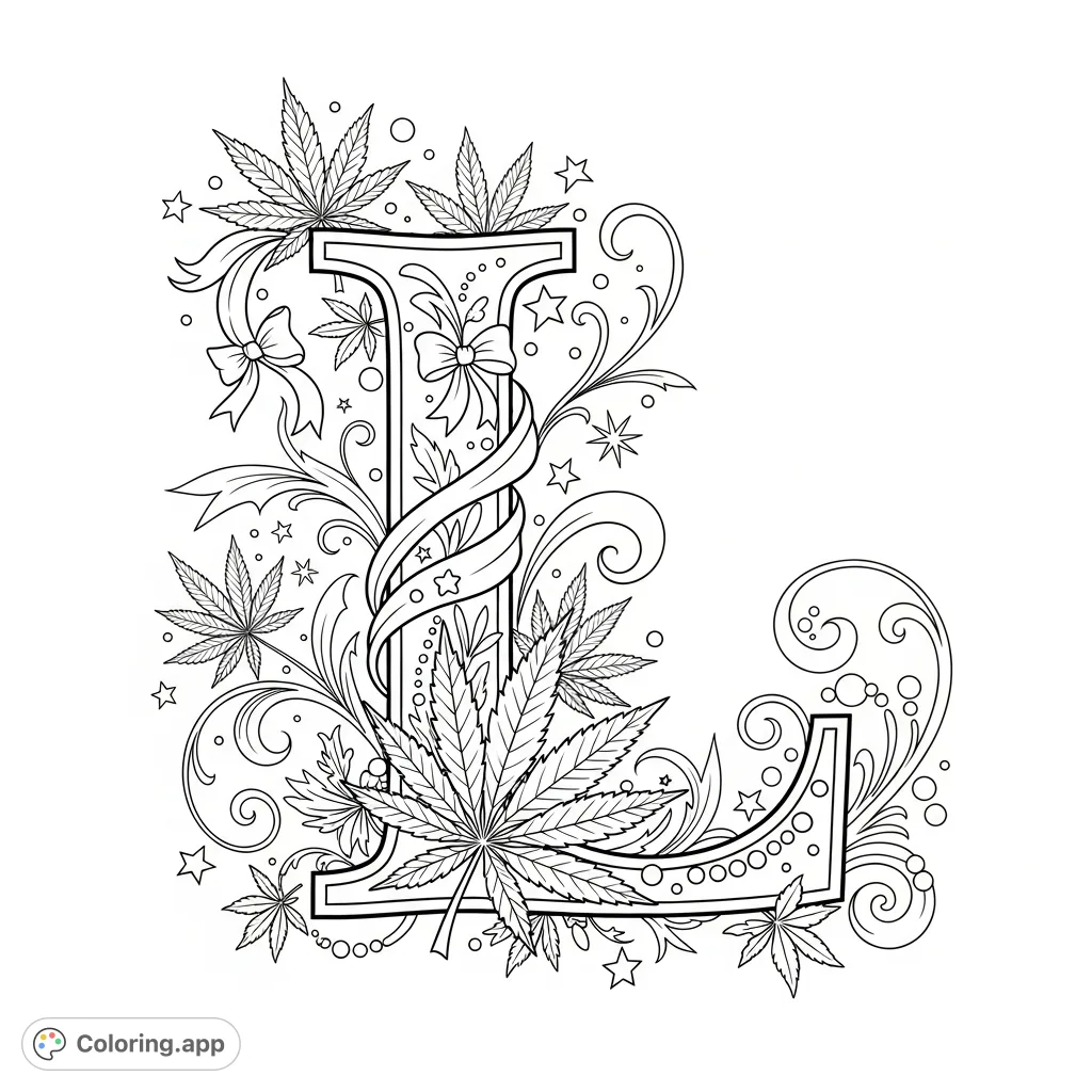 An elegant letter L adorned with detailed cannabis leaves, delicate flowers, and charming decorative swirls, perfect for personalized creative expression.