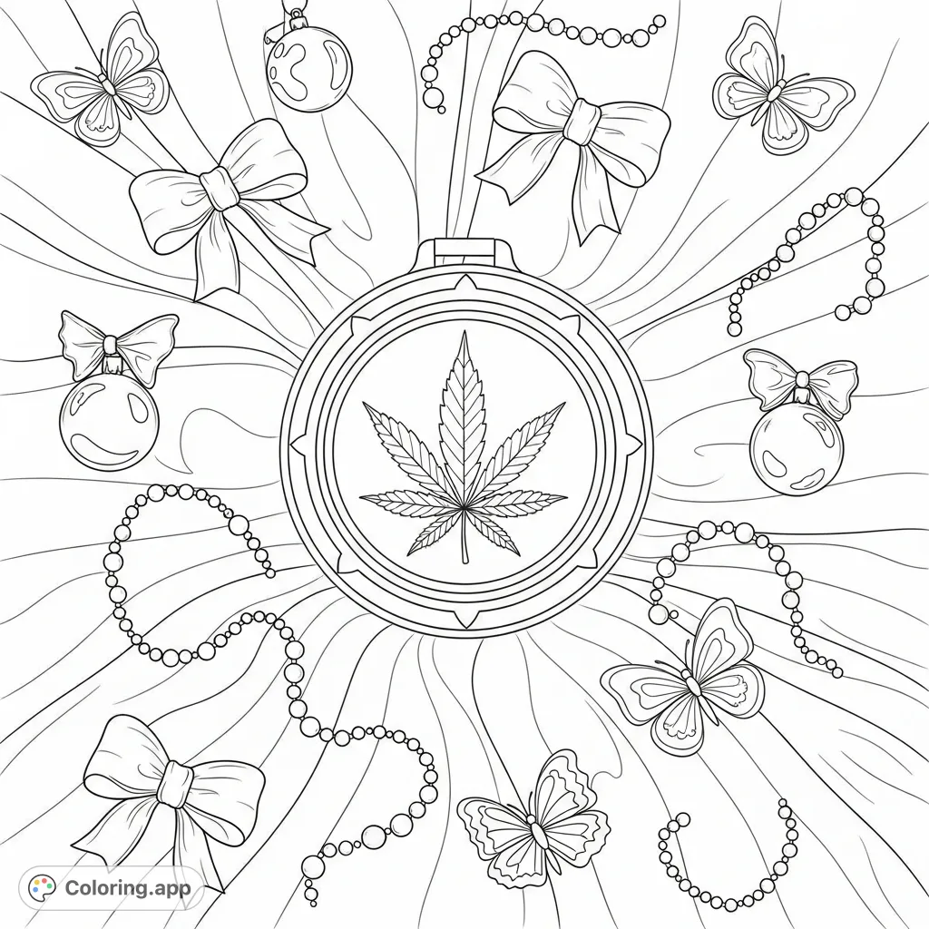A decorative cannabis leaf medallion on a plush, patterned fabric, surrounded by bows, beads, and shimmering butterfly ornaments. An intricate adult coloring page.
