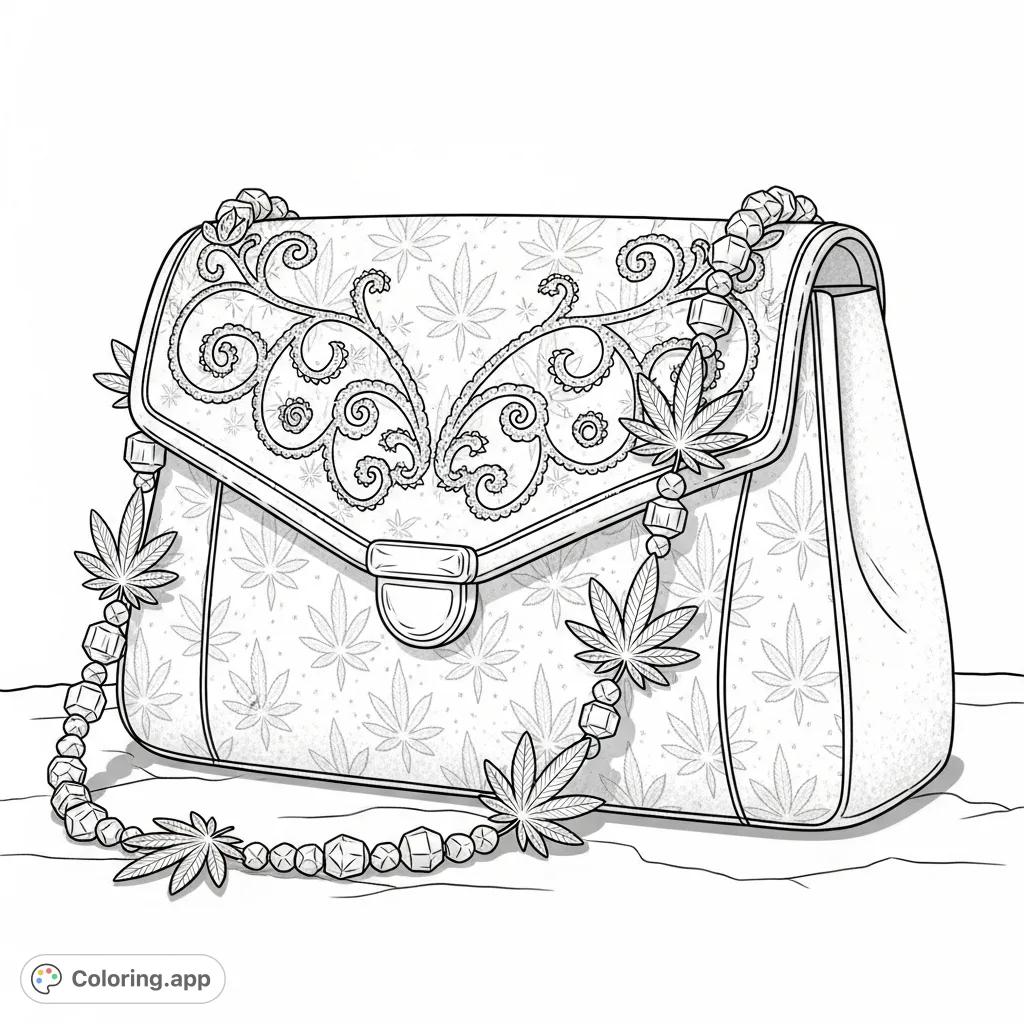 Explore an intricately detailed grand purse, featuring a subtle cannabis leaf pattern, delicate vine embroidery, and multifaceted bead-adorned strap.