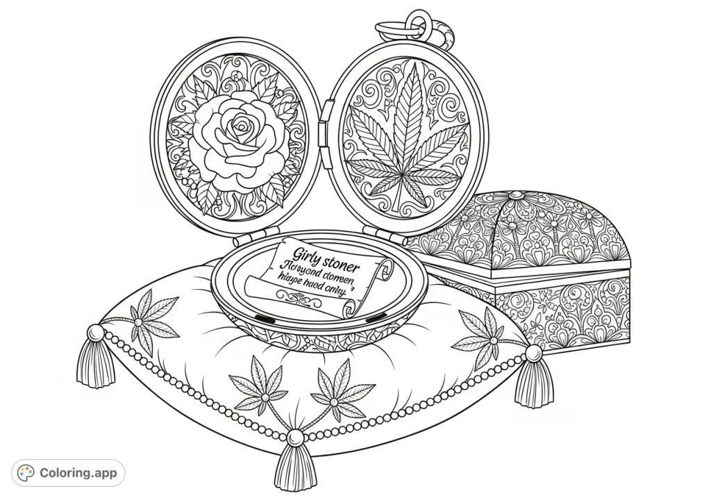 An antique locket with carved rose and cannabis motifs opens on a plush, patterned velvet cushion, revealing a "girly stoner quote" scroll.