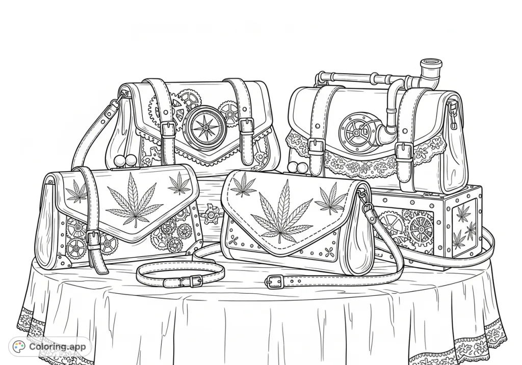 An intricate Steampunk cannabis coloring page featuring four detailed purses with clockwork gears, etched leaf patterns, and antique elements.