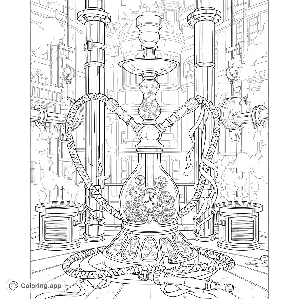 An intricate steampunk hookah featuring clockwork gears, polished metal pipes, and industrial-Victorian architecture. Perfect for detailed coloring!