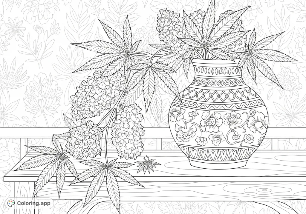 An ornate vase filled with large cannabis leaves and buds sits on a wooden table, against a backdrop of botanical wallpaper. Intricate patterns invite creative coloring.
