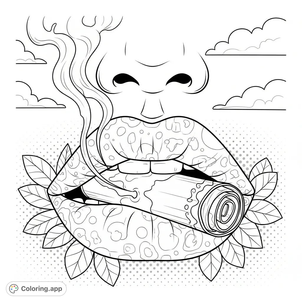 Explore a detailed close-up of lips slightly parted, firmly holding a cylindrical object with gently curling smoke, creating an atmospheric and intriguing coloring page.