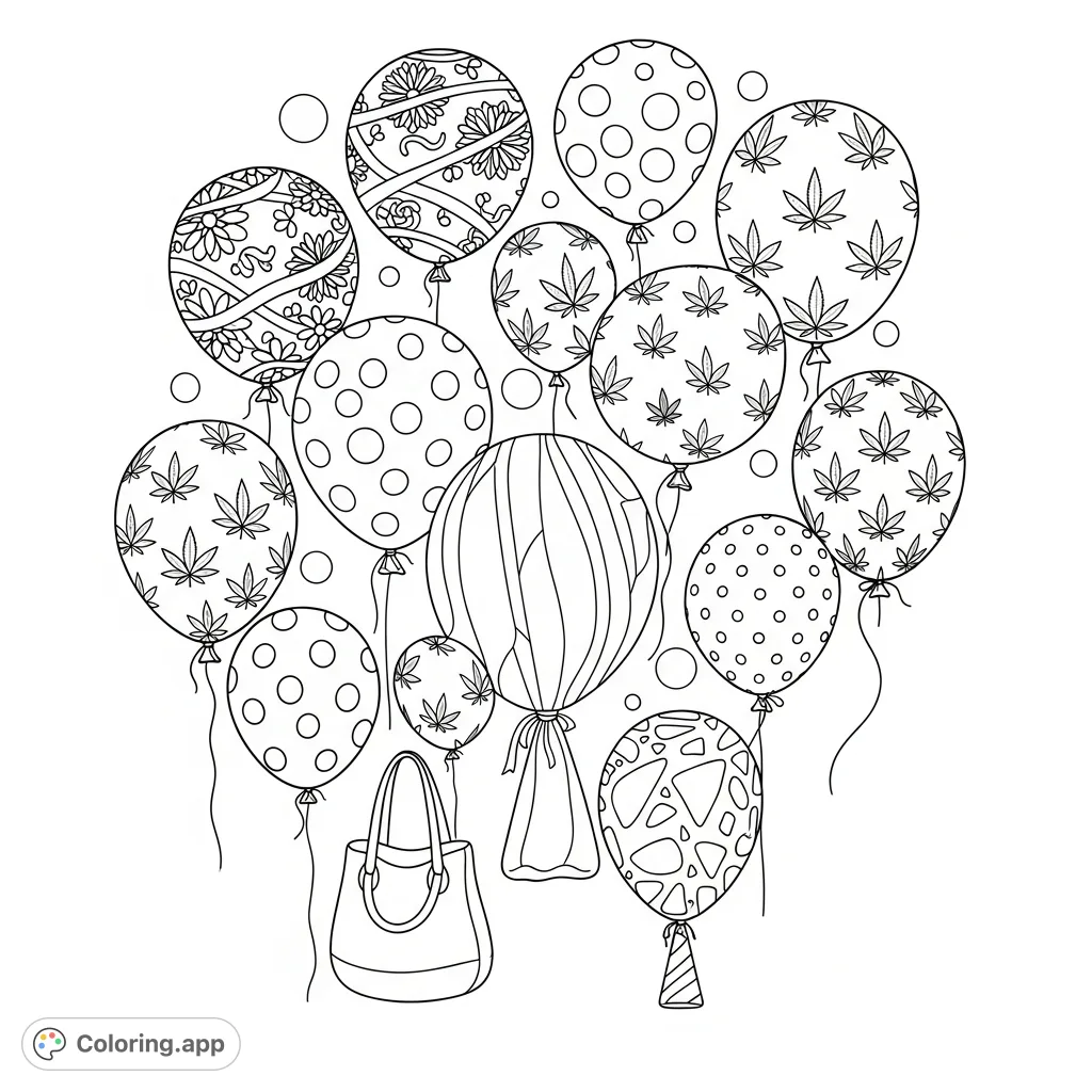 Discover a unique patterned balloon coloring page, featuring floral, cannabis leaf, polka dot, striped, and abstract designs floating gently.