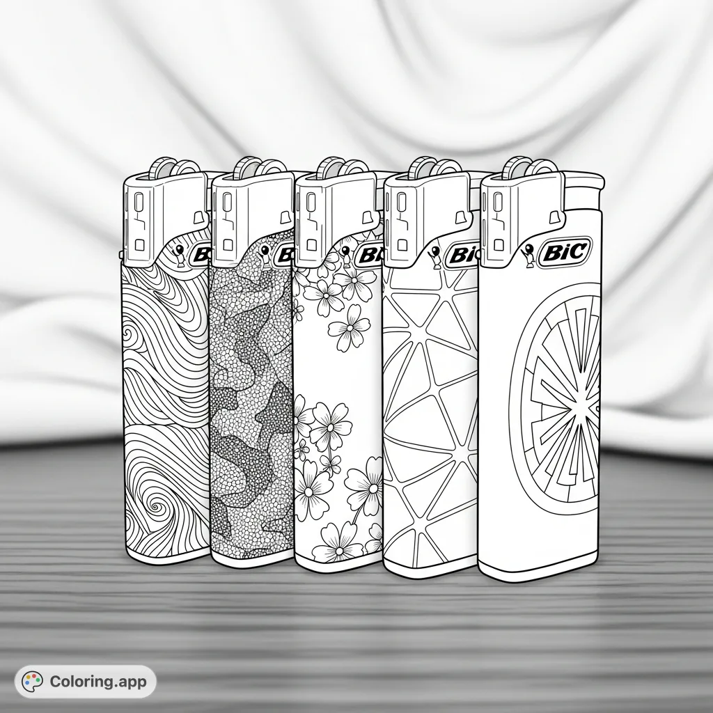 Explore unique patterns on five Bic lighters, from abstract swirls to geometric designs, set on a polished wood surface against a soft fabric background. A detailed still life coloring page.