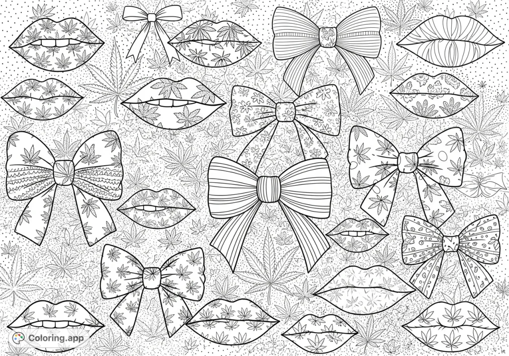 Explore a captivating cannabis pattern coloring page, featuring an intricate array of bows and stylized lips against a richly textured background. Perfect for detailed coloring.