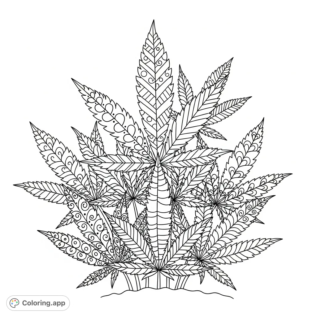 Unleash your creativity with this unique cannabis leaves coloring page. Intricate patterns adorn each leaf, offering a sophisticated and detailed coloring experience.