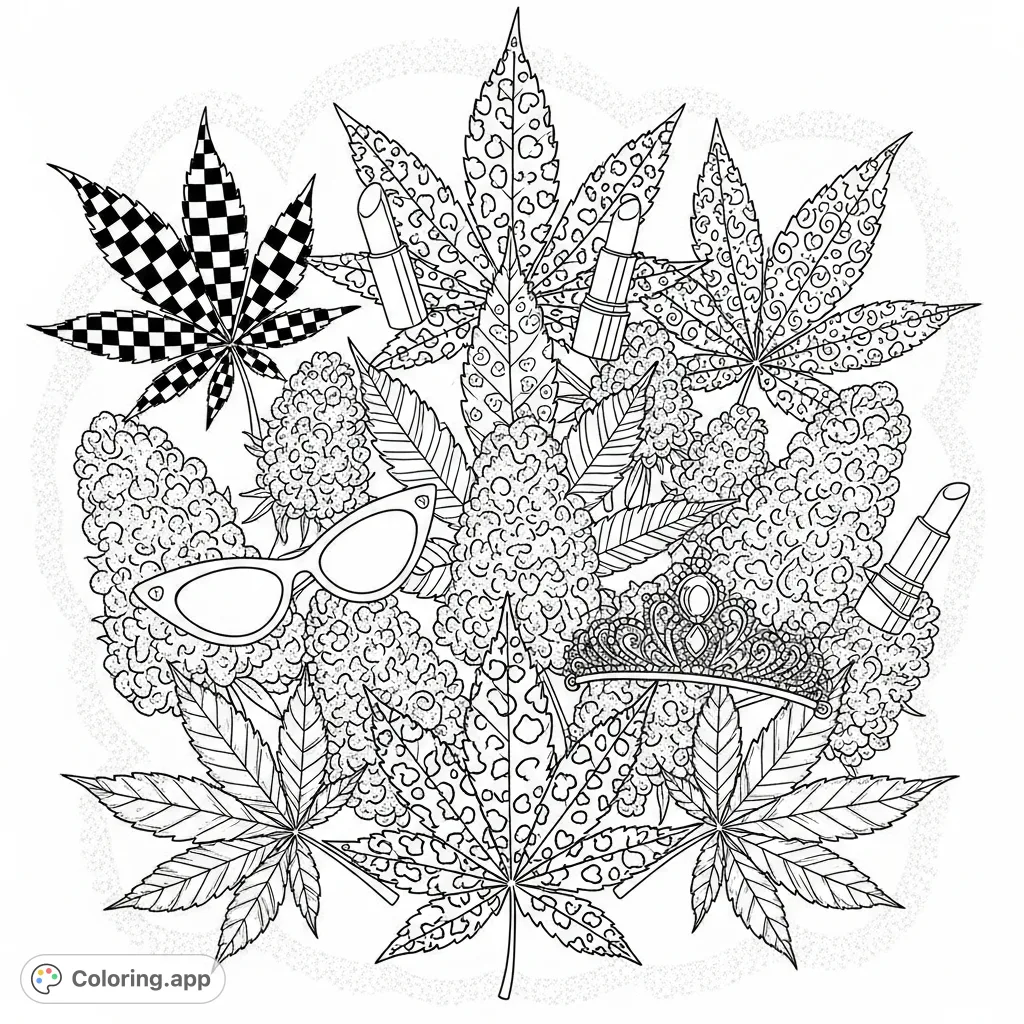 An intricate cannabis botanical coloring page featuring patterned leaves and buds, accented with 50s pinup elements like cat-eye sunglasses and a jeweled tiara, all against a retro background. A unique adult coloring experience!