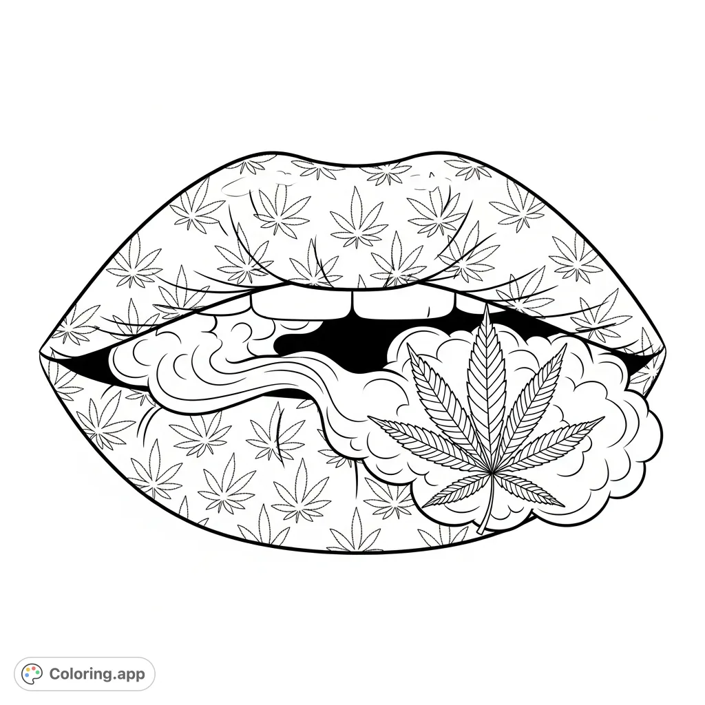 Bold lips featuring intricate cannabis leaf patterns, exhaling a distinctive marijuana leaf-shaped smoke ring. A unique adult coloring page.