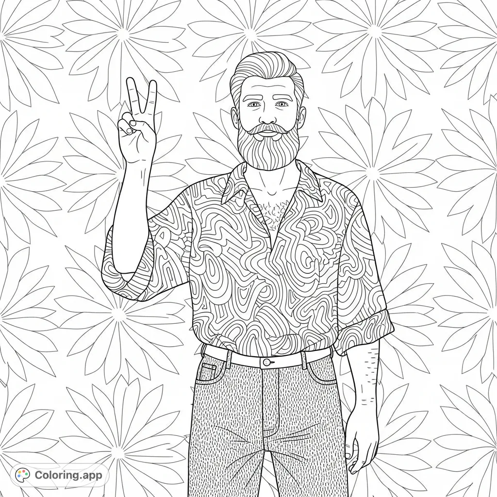 Chill out with this groovy dude coloring page featuring a bearded man flashing a peace sign in a patterned shirt, set against a fun leaf motif background.