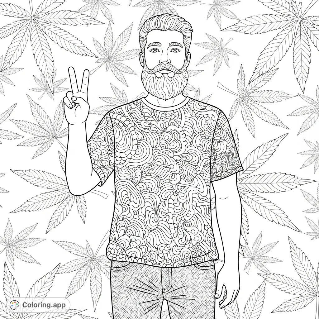 A man with a prominent beard makes a peace gesture against a backdrop of repeating cannabis leaves, featuring intricate patterns and textured clothing.